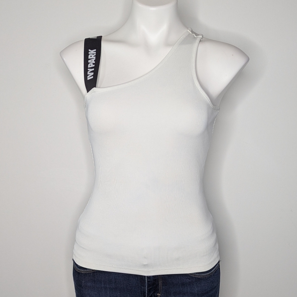 Ivy Park White Black Asymmetrical Sleeve Exercise Workout Athletic Tank Top XS